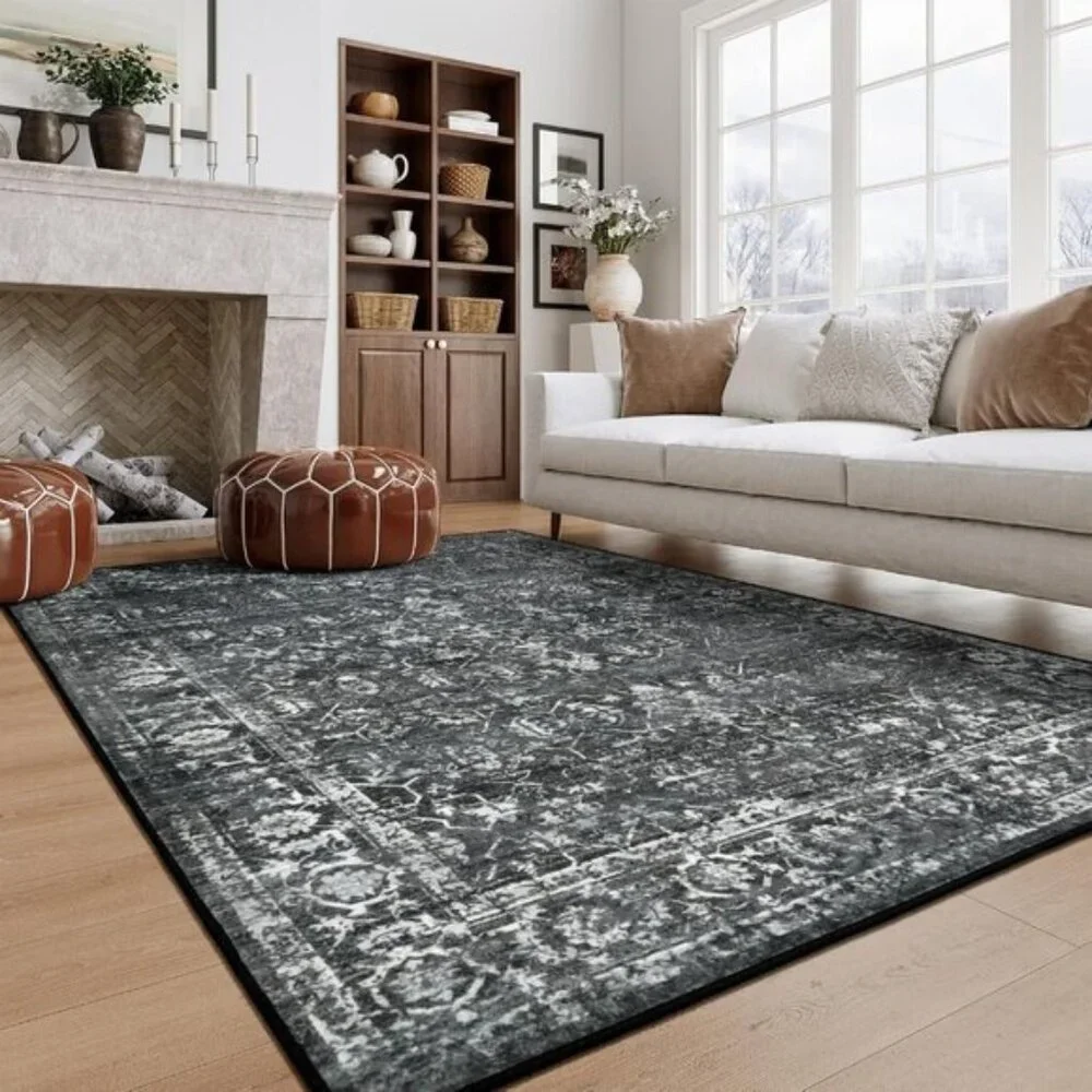 5x7 Black Washable Area Rug, Non-Slip Stain Resistant Carpet for Home & Office
